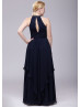 Beaded Halter Neck Navy Blue Chiffon Long Bridesmaid Dress